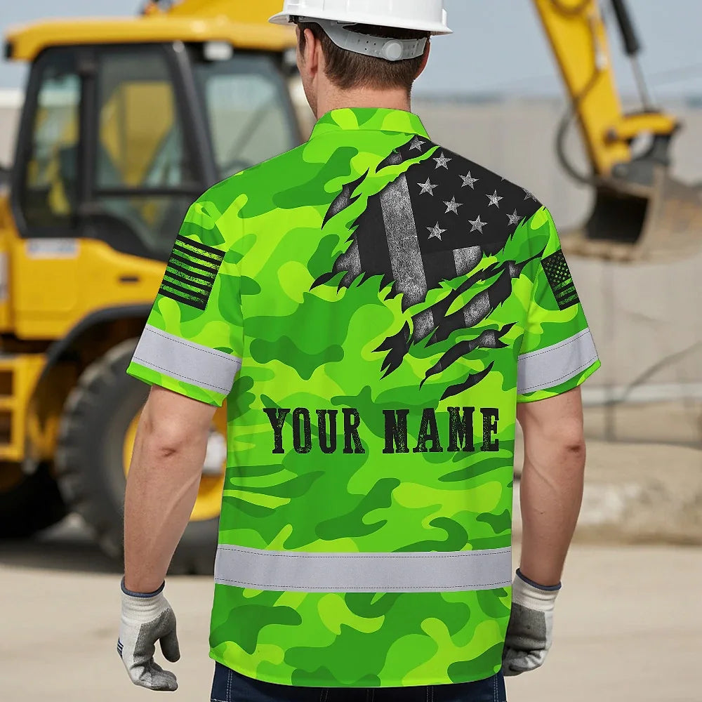 Hi Vis Hawaiian Shirt Reflective Scratch Camo Green Neon US Flag Safety Workwear