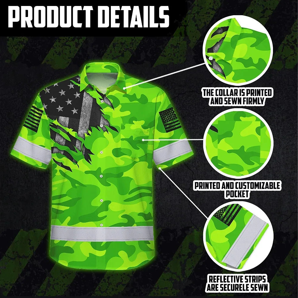 Hi Vis Hawaiian Shirt Reflective Scratch Camo Green Neon US Flag Safety Workwear
