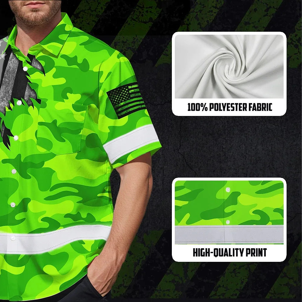 Hi Vis Hawaiian Shirt Reflective Scratch Camo Green Neon US Flag Safety Workwear