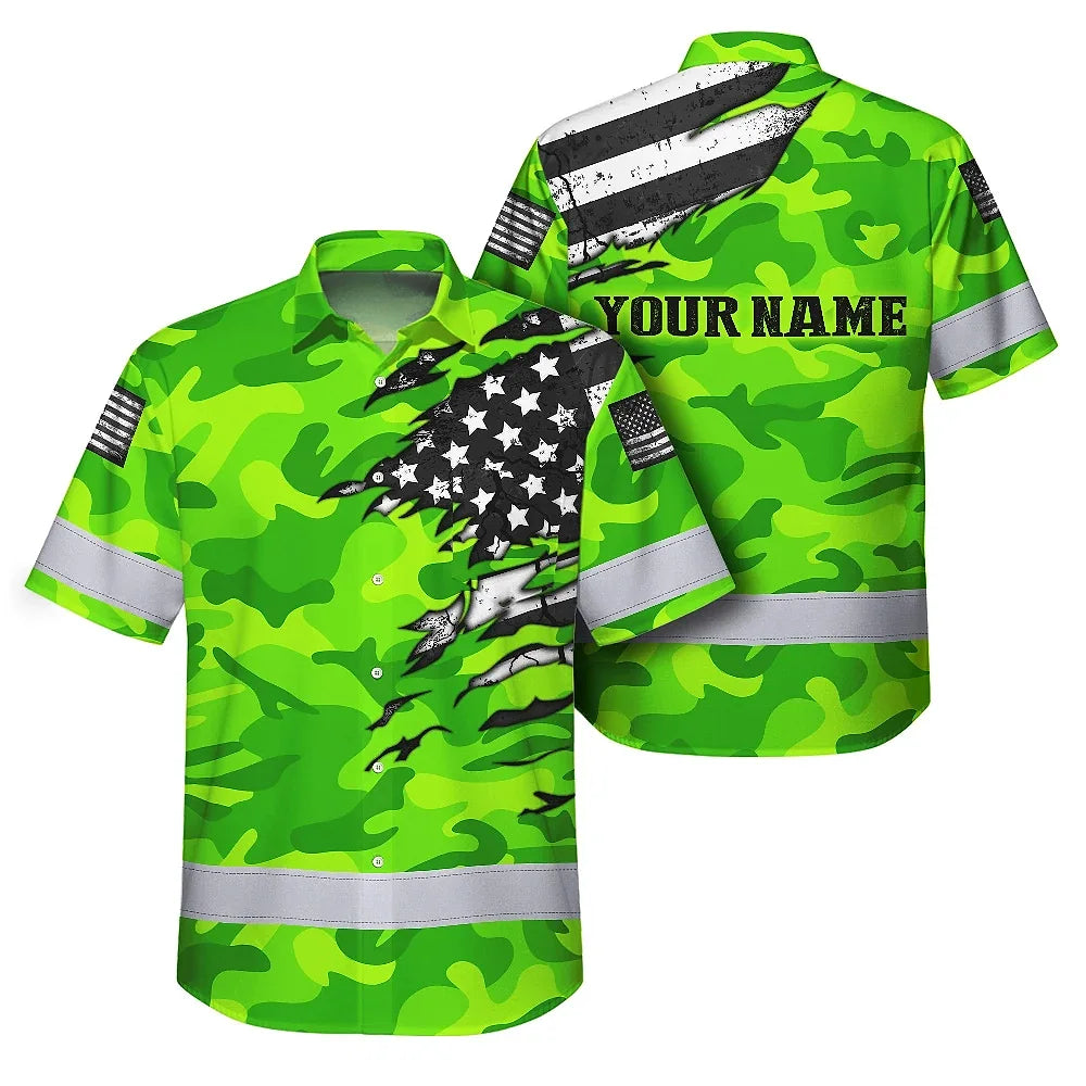 Hi Vis Hawaiian Shirt Reflective Scratch Green Camo Neon US Flag Custom Name
