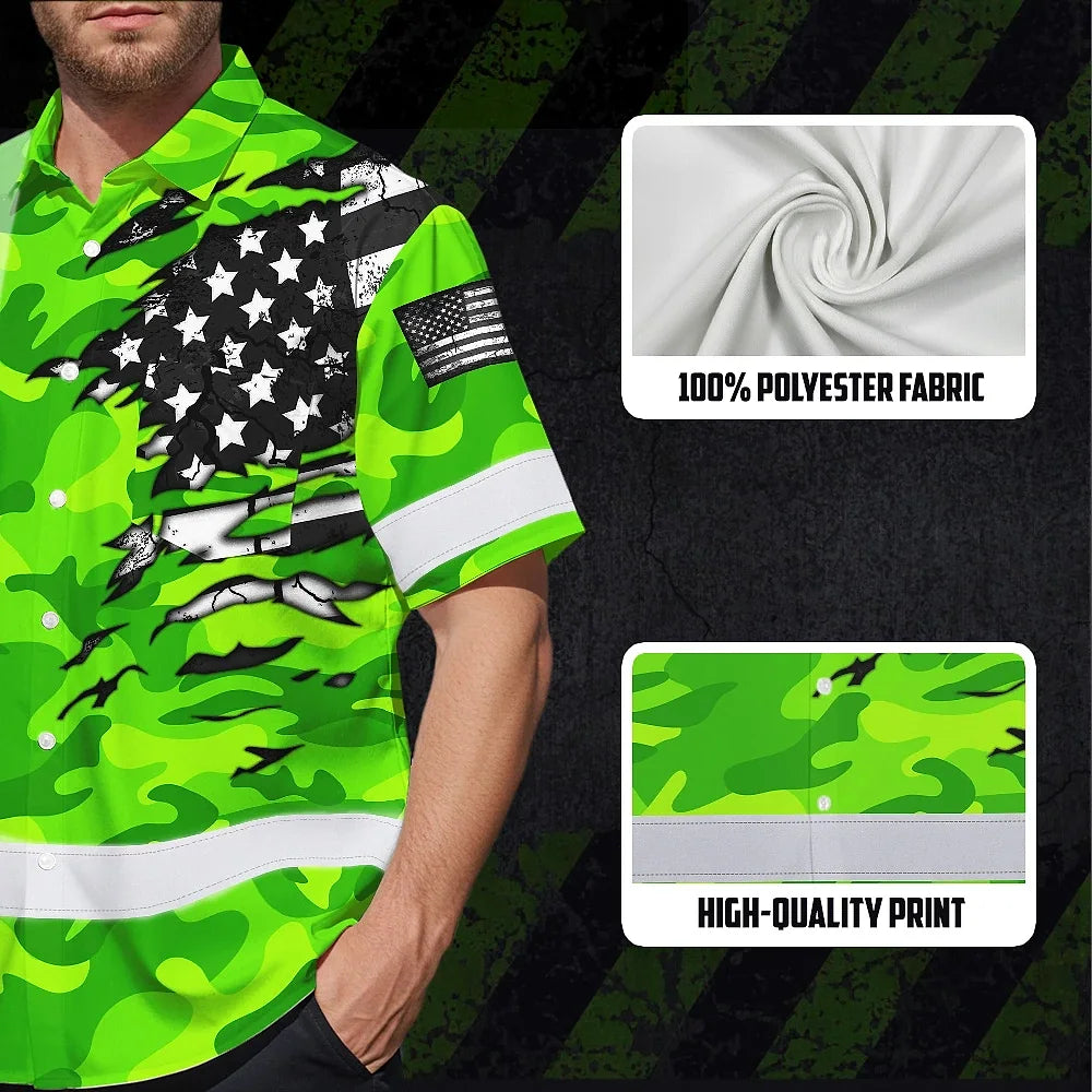 Hi Vis Hawaiian Shirt Reflective Scratch Green Camo Neon US Flag Custom Name