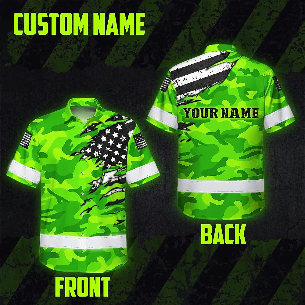 Hi Vis Hawaiian Shirt Reflective Scratch Green Camo Neon US Flag Custom Name