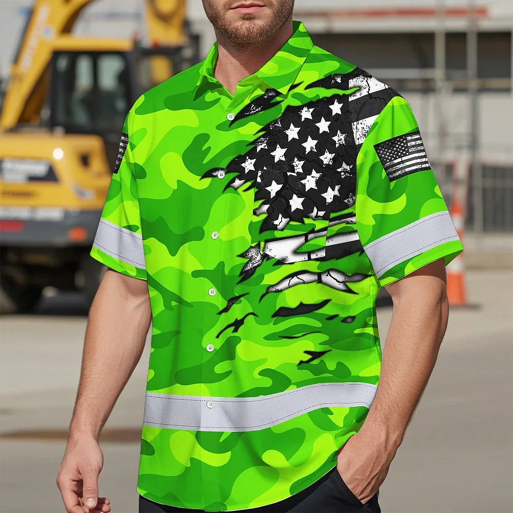 Hi Vis Hawaiian Shirt Reflective Scratch Green Camo Neon US Flag Custom Name