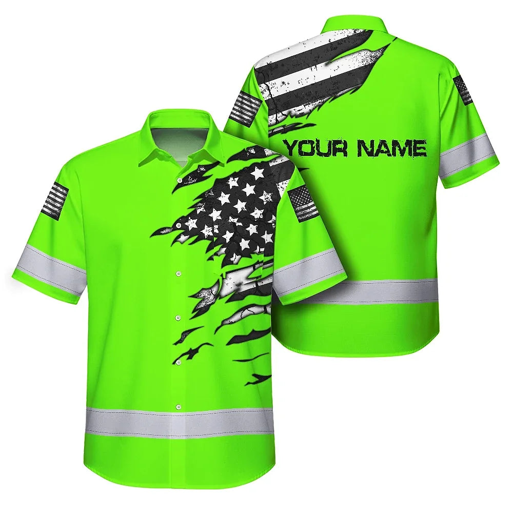 Hi Vis Hawaiian Shirt Reflective Scratch Green Neon US Flag