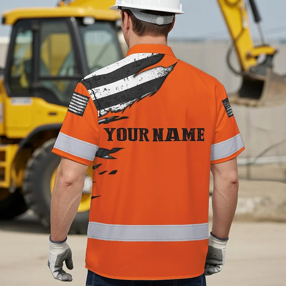 Hi Vis Hawaiian Shirt Reflective Scratch Orange Neon US Flag Custom Name Safety