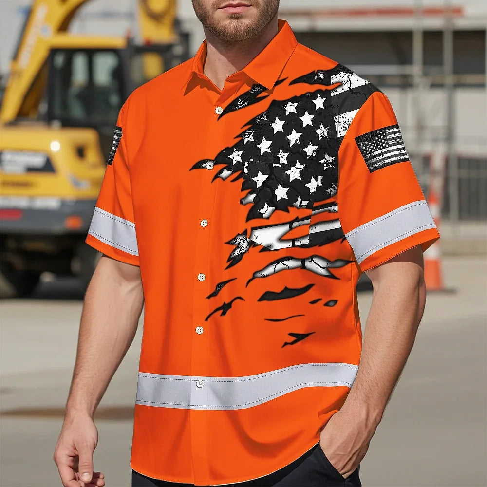 Hi Vis Hawaiian Shirt Reflective Scratch Orange Neon US Flag Custom Name Safety