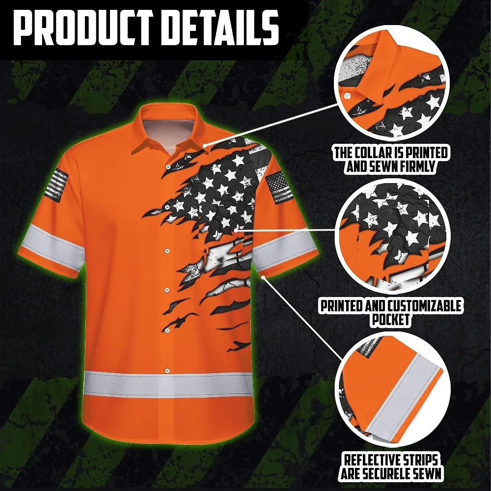 Hi Vis Hawaiian Shirt Reflective Scratch Orange Neon US Flag Custom Name Safety