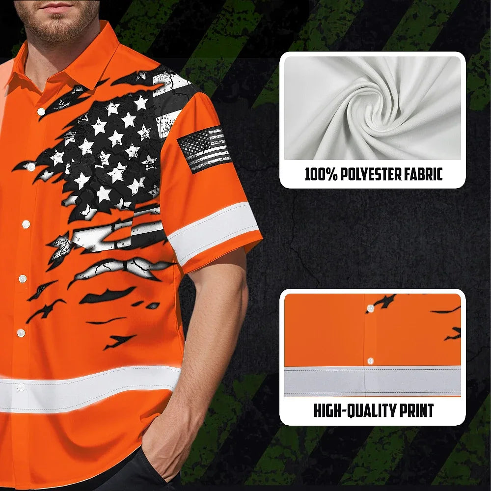 Hi Vis Hawaiian Shirt Reflective Scratch Orange Neon US Flag Custom Name Safety