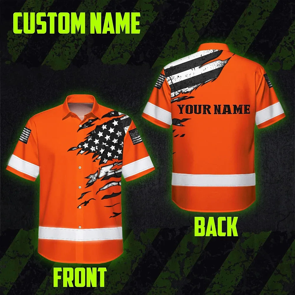 Hi Vis Hawaiian Shirt Reflective Scratch Orange Neon US Flag Custom Name Safety