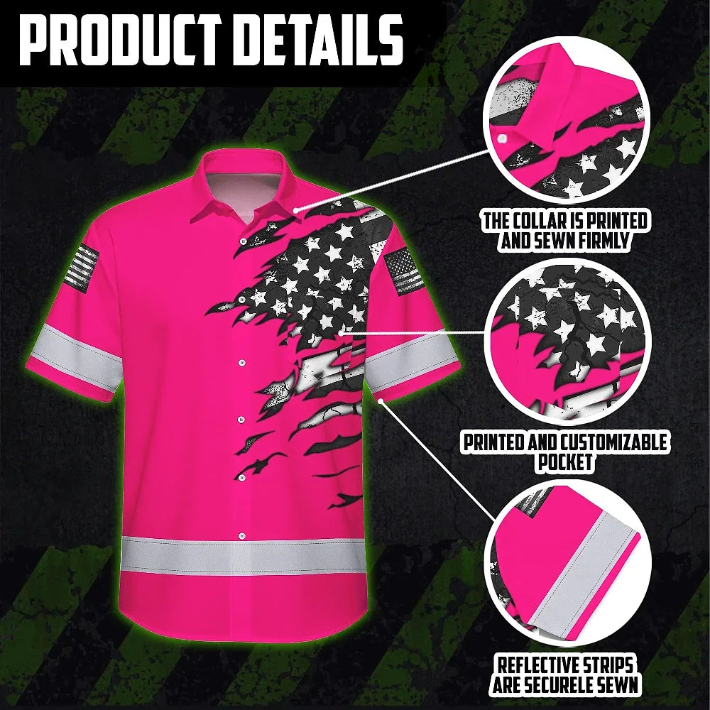 Hi Vis Hawaiian Shirt Reflective Scratch Pink Neon US Flag Custom Name