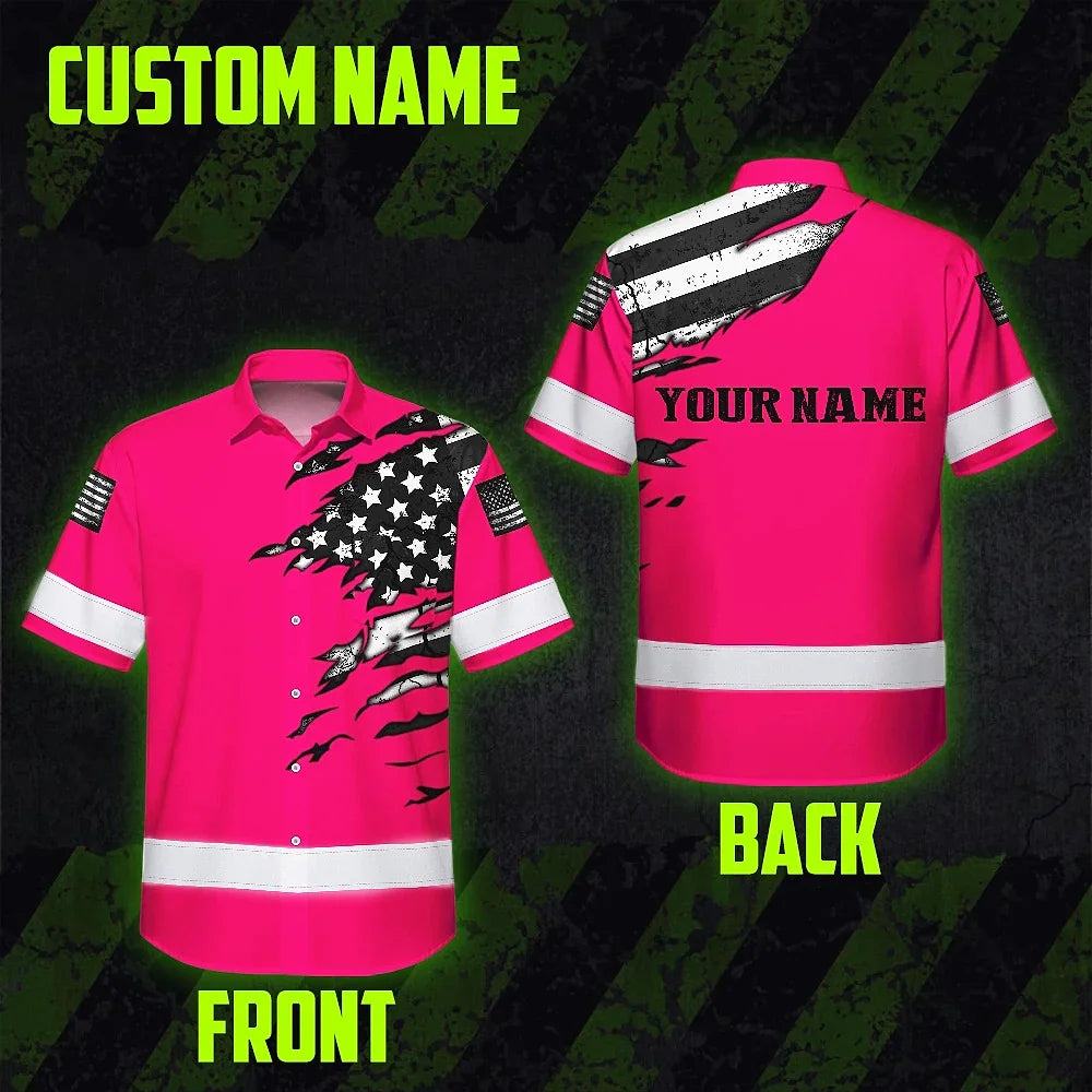 Hi Vis Hawaiian Shirt Reflective Scratch Pink Neon US Flag Custom Name