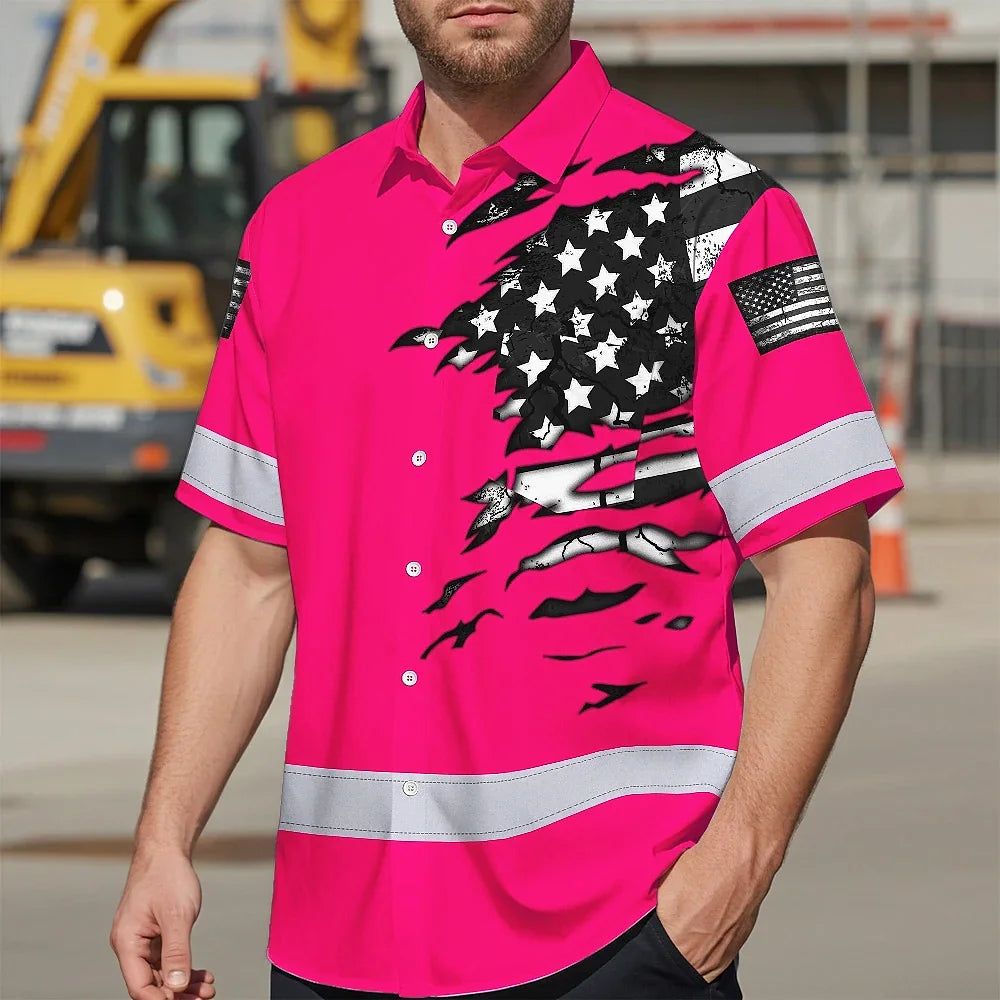 Hi Vis Hawaiian Shirt Reflective Scratch Pink Neon US Flag Custom Name