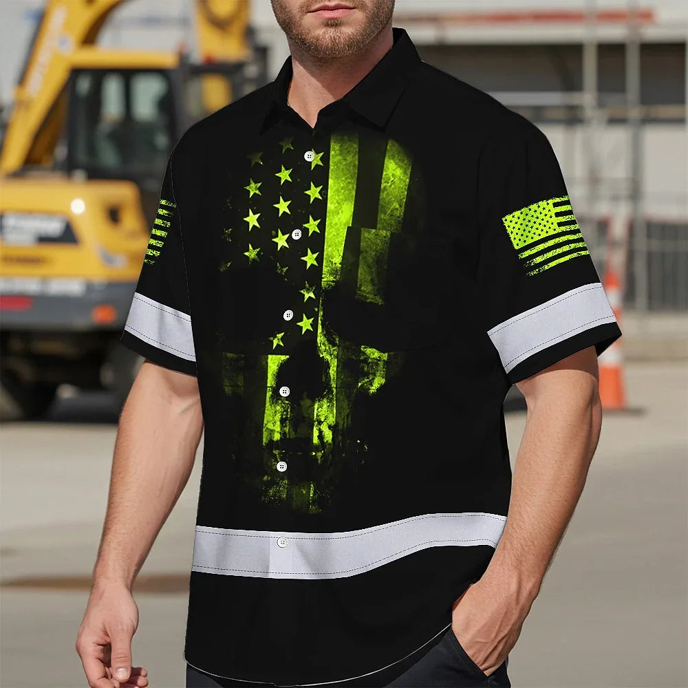 Hi Vis Hawaiian Shirt Reflective Scratched Skull US Flag Custom Name Safety Workwear