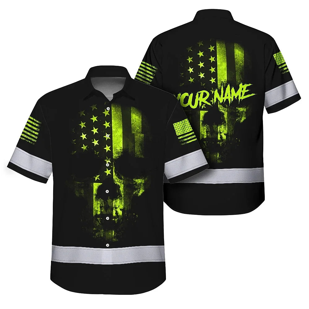 Hi Vis Hawaiian Shirt Reflective Scratched Skull US Flag Custom Name Safety Workwear