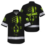 Hi Vis Hawaiian Shirt Reflective Scratched Skull US Flag Custom Name Safety Workwear