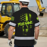 Hi Vis Hawaiian Shirt Reflective Scratched Skull US Flag Custom Name Safety Workwear