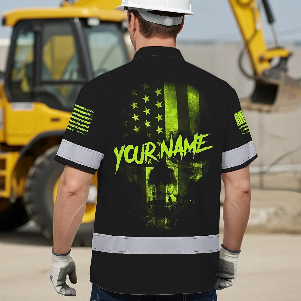 Hi Vis Hawaiian Shirt Reflective Scratched Skull US Flag Custom Name Safety Workwear