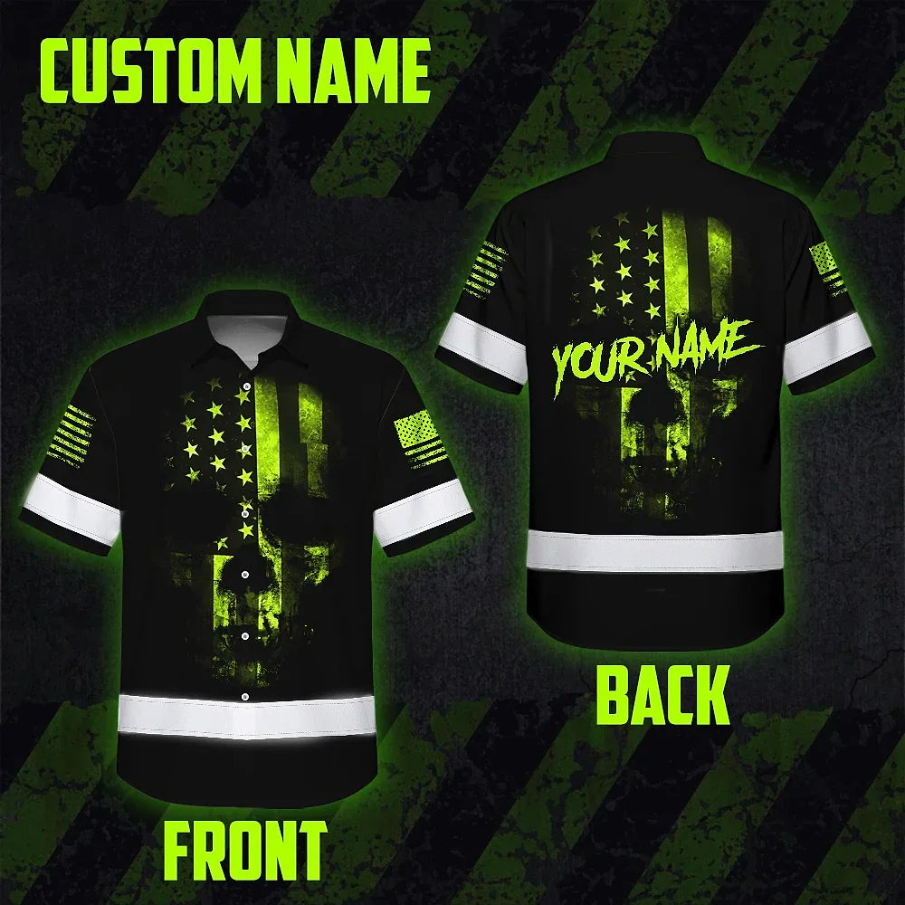 Hi Vis Hawaiian Shirt Reflective Scratched Skull US Flag Custom Name Safety Workwear