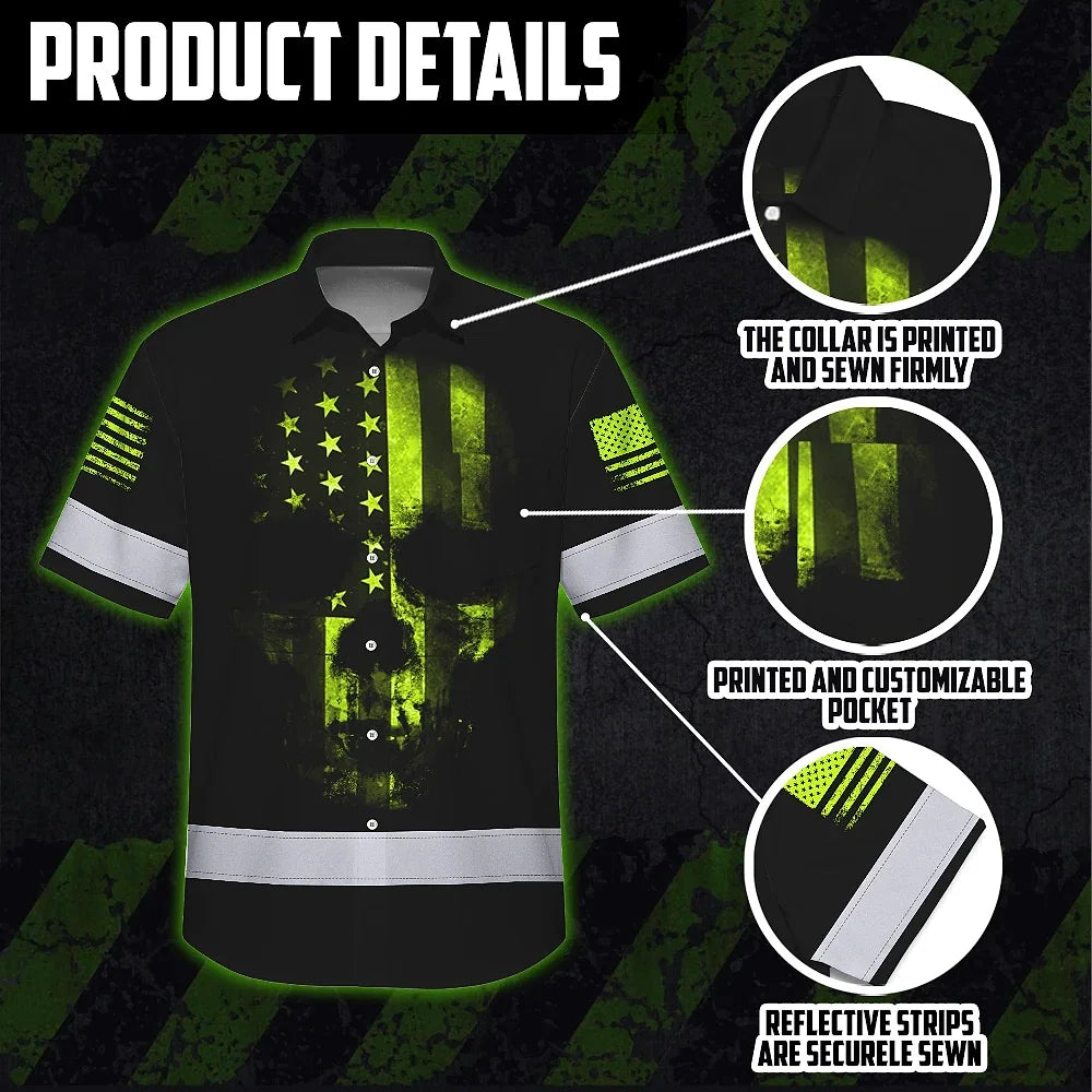Hi Vis Hawaiian Shirt Reflective Scratched Skull US Flag Custom Name Safety Workwear