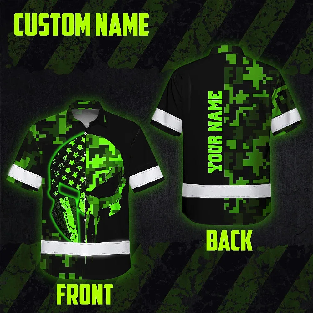 Hi Vis Hawaiian Shirt Reflective Skull US Flag Camo Neon 2 Custom Name Safety