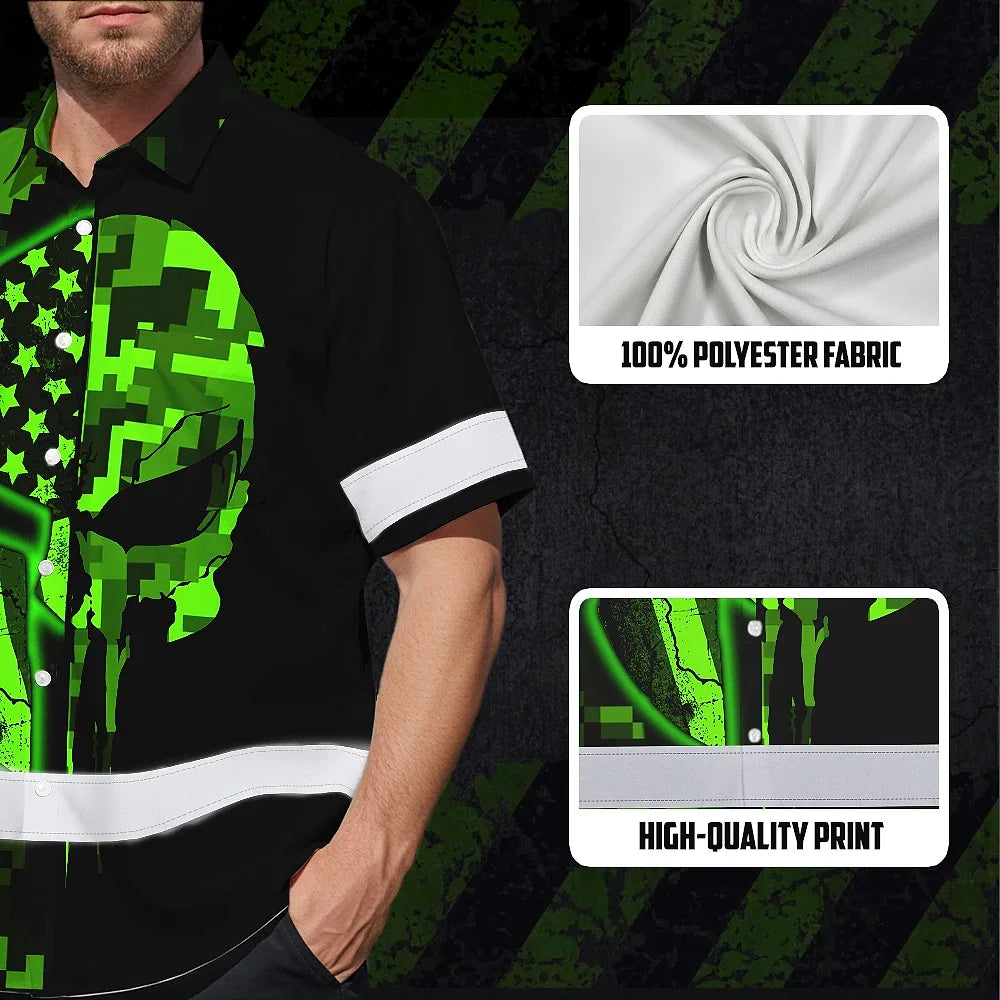 Hi Vis Hawaiian Shirt Reflective Skull US Flag Camo Neon 2 Custom Name Safety