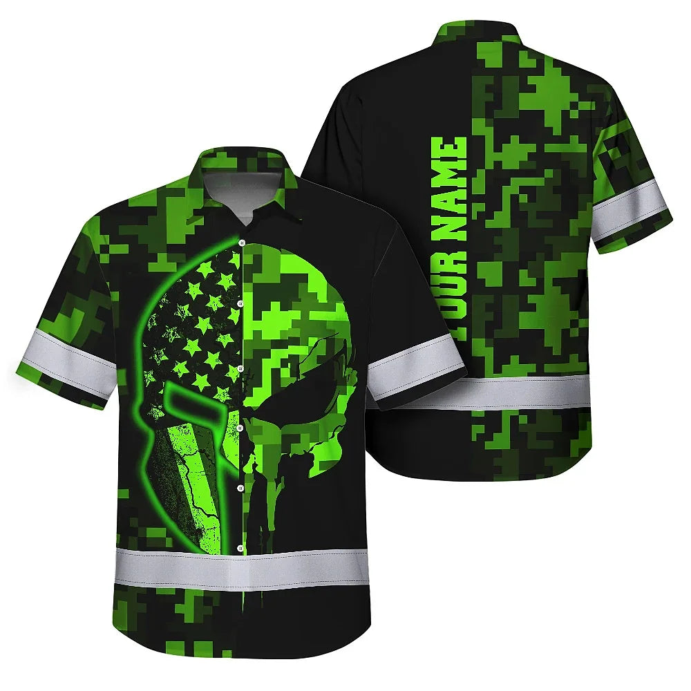 Hi Vis Hawaiian Shirt Reflective Skull US Flag Camo Neon 2 Custom Name Safety