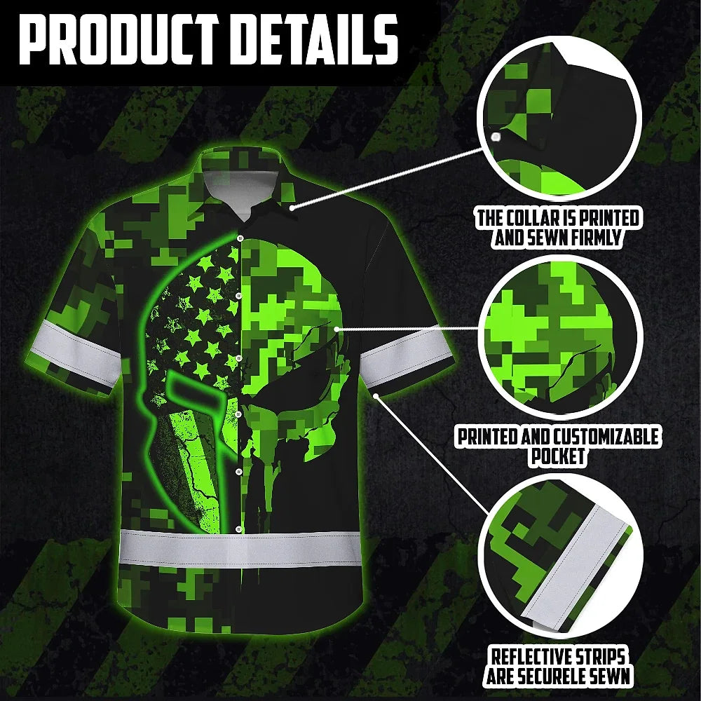 Hi Vis Hawaiian Shirt Reflective Skull US Flag Camo Neon 2 Custom Name Safety