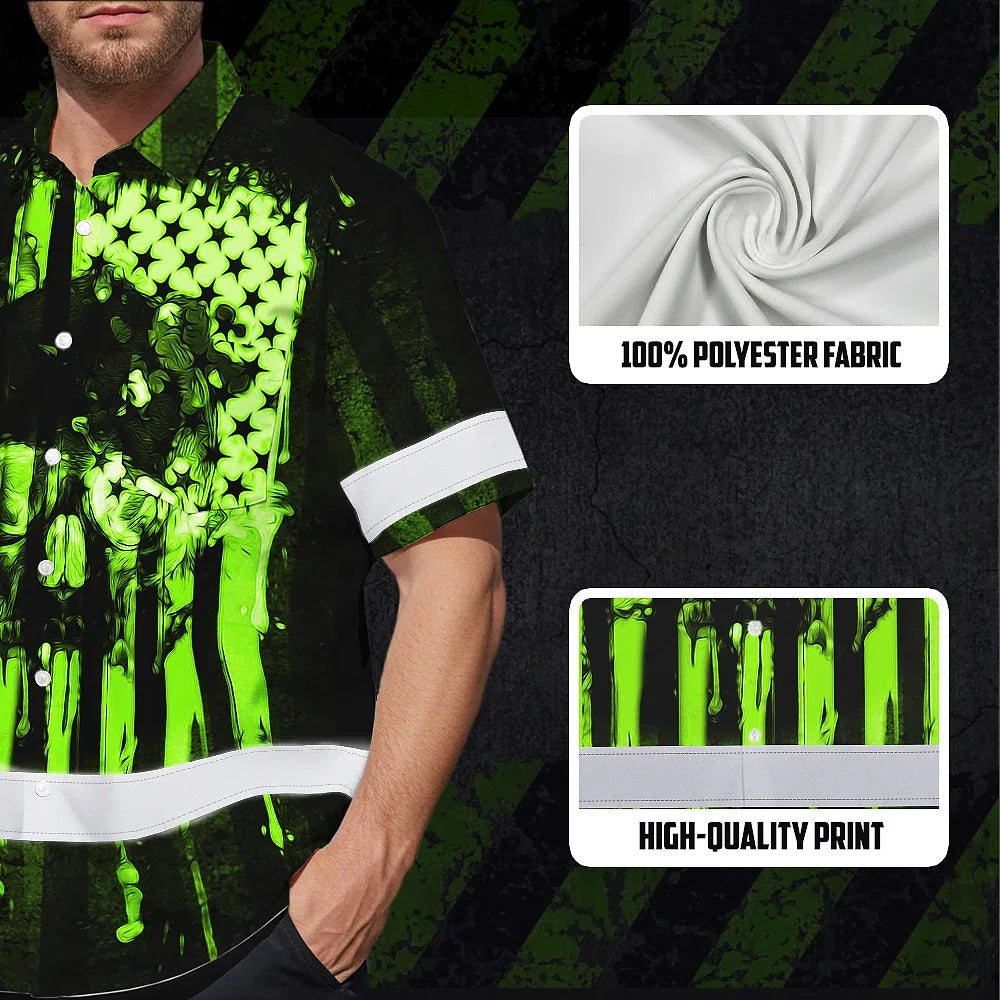 Hi Vis Hawaiian Shirt Reflective Skull USA Flag Green Neon Safety Workwear