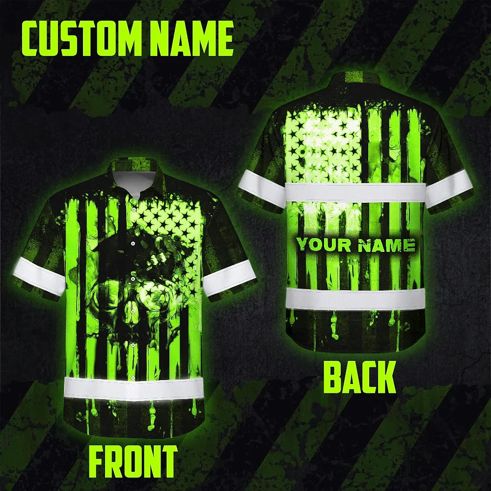 Hi Vis Hawaiian Shirt Reflective Skull USA Flag Green Neon Safety Workwear