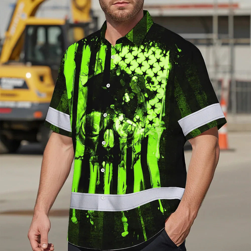 Hi Vis Hawaiian Shirt Reflective Skull USA Flag Green Neon Safety Workwear