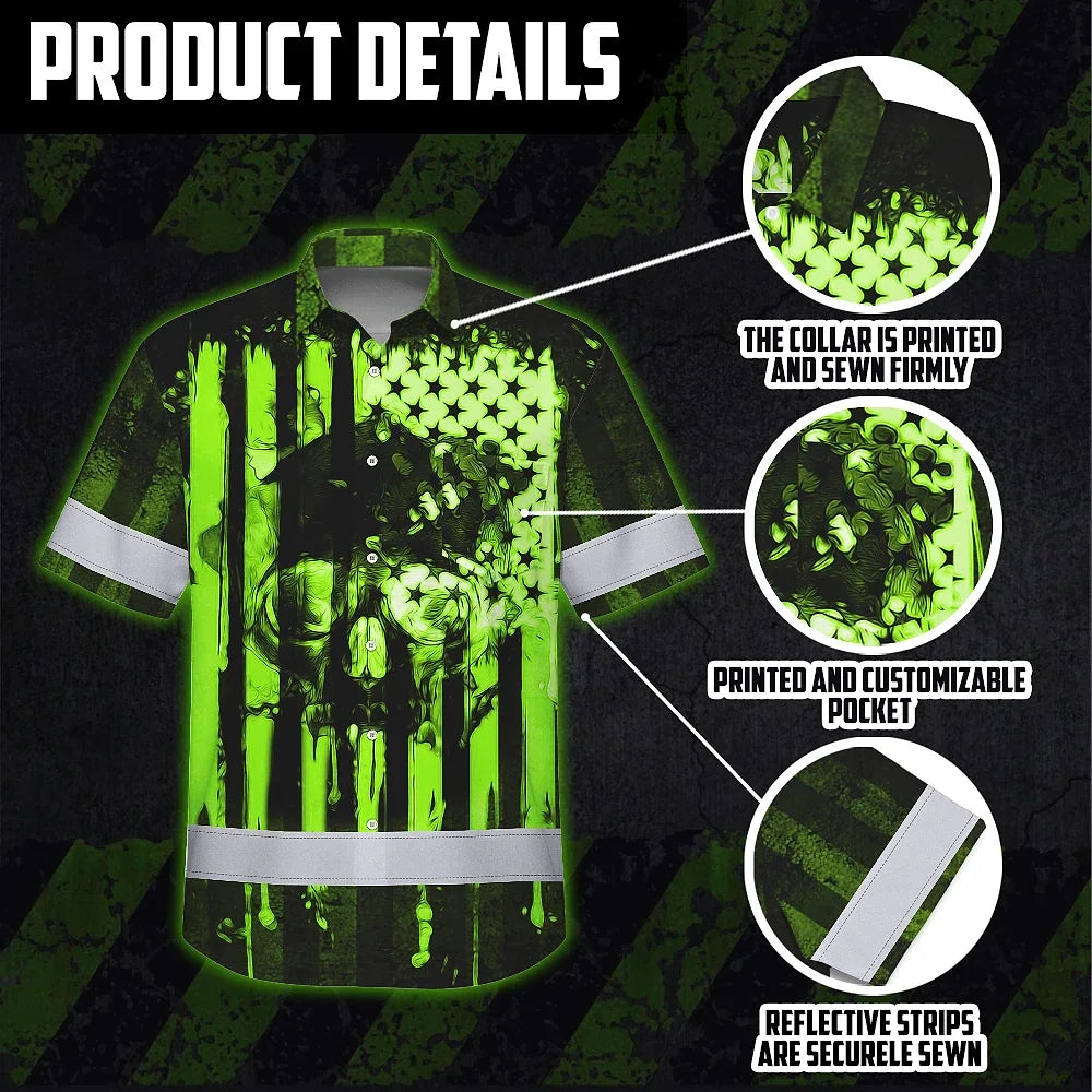 Hi Vis Hawaiian Shirt Reflective Skull USA Flag Green Neon Safety Workwear