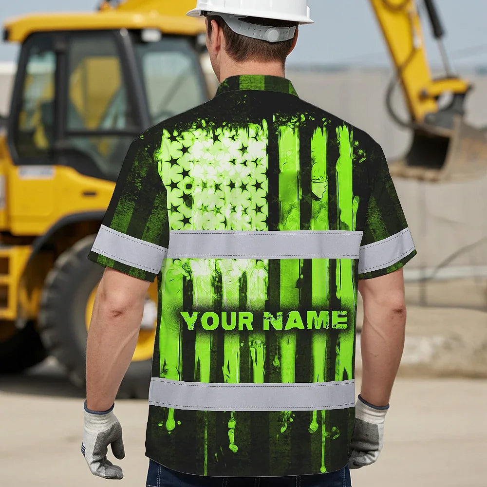 Hi Vis Hawaiian Shirt Reflective Skull USA Flag Green Neon Safety Workwear