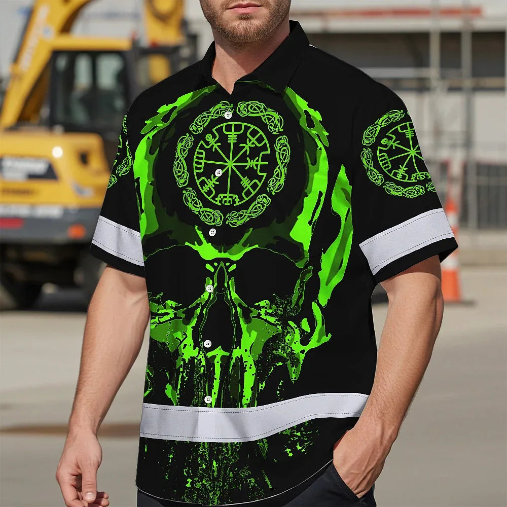 Hi Vis Hawaiian Shirt Reflective Skull Viking Symbol Green Neon Custom Name For Workers, Runners, Truckers, Skull Lovers