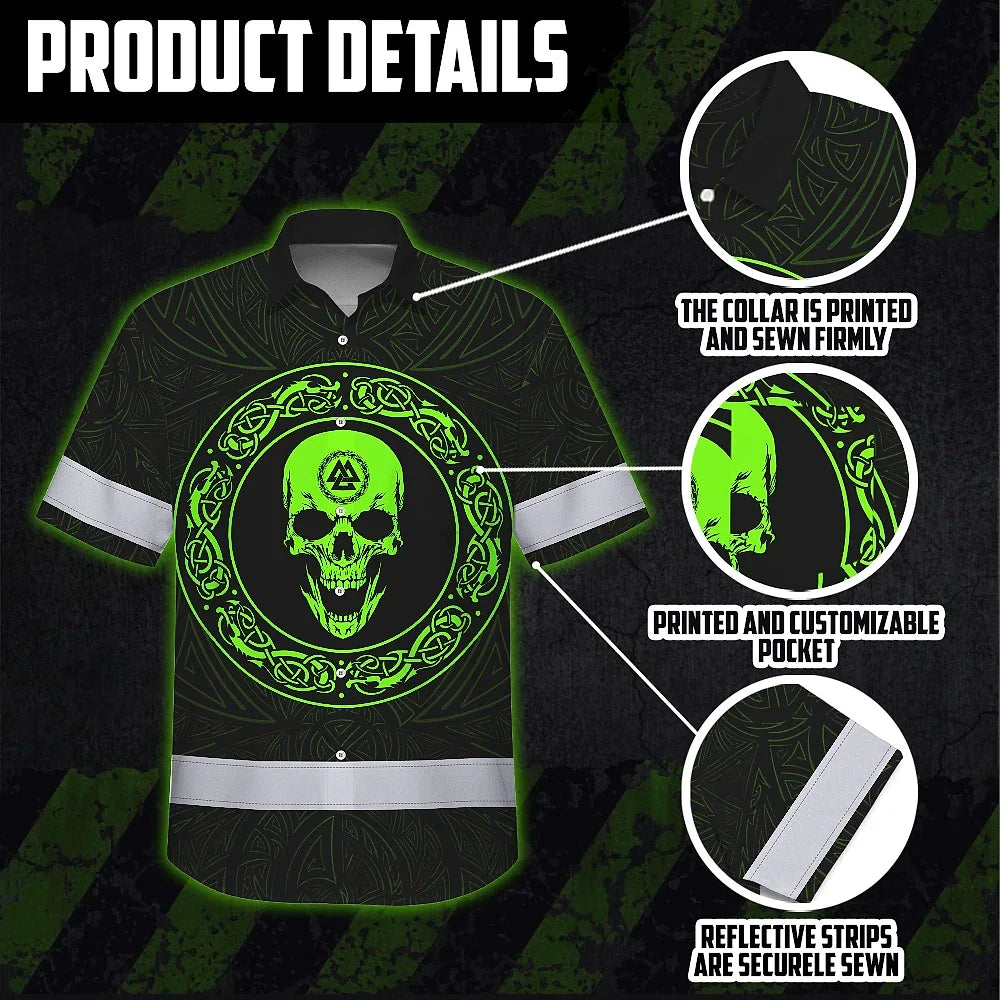 Hi Vis Hawaiian Shirt Reflective Skull Viking Symbol Green Neon Custom Name Safety