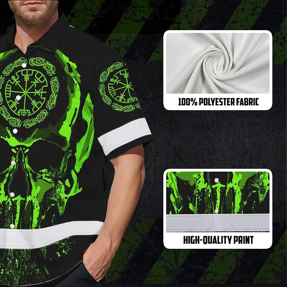 Hi Vis Hawaiian Shirt Reflective Skull Viking Symbol Green Neon Custom Name For Workers, Runners, Truckers, Skull Lovers