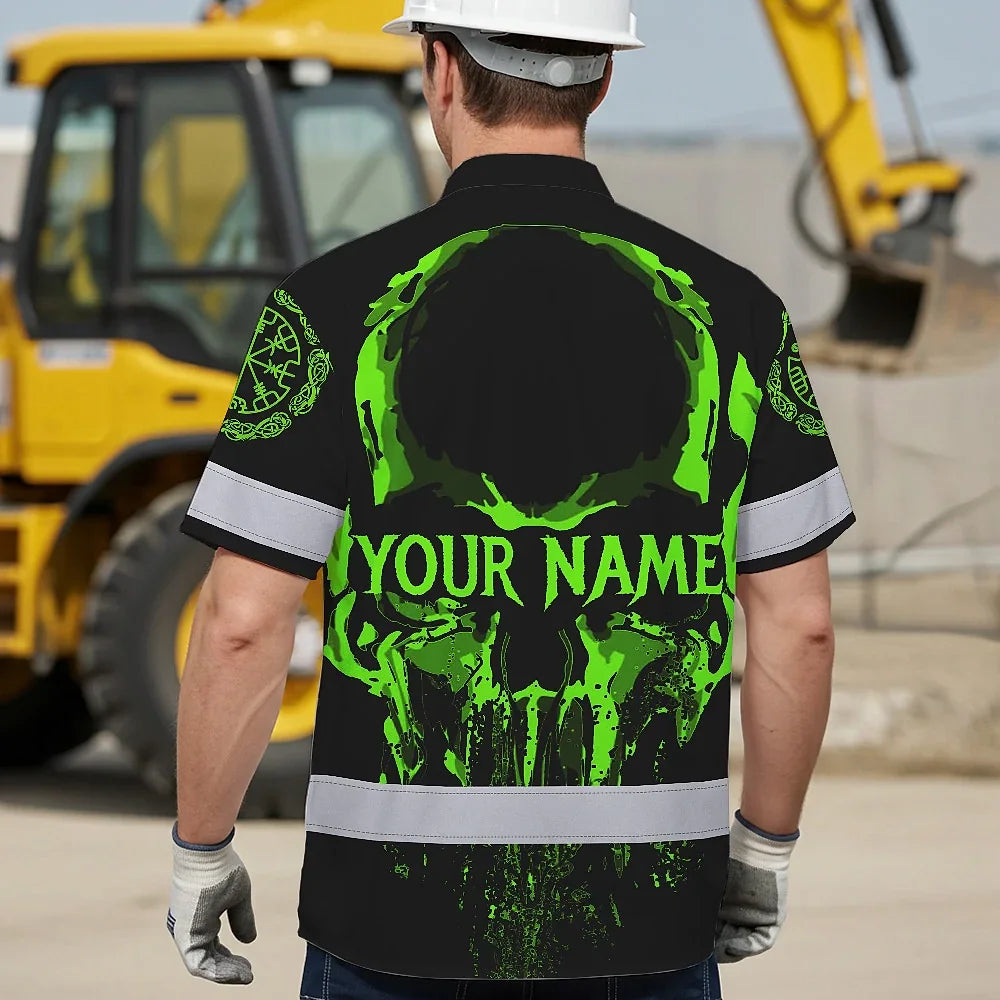 Hi Vis Hawaiian Shirt Reflective Skull Viking Symbol Green Neon Custom Name For Workers, Runners, Truckers, Skull Lovers