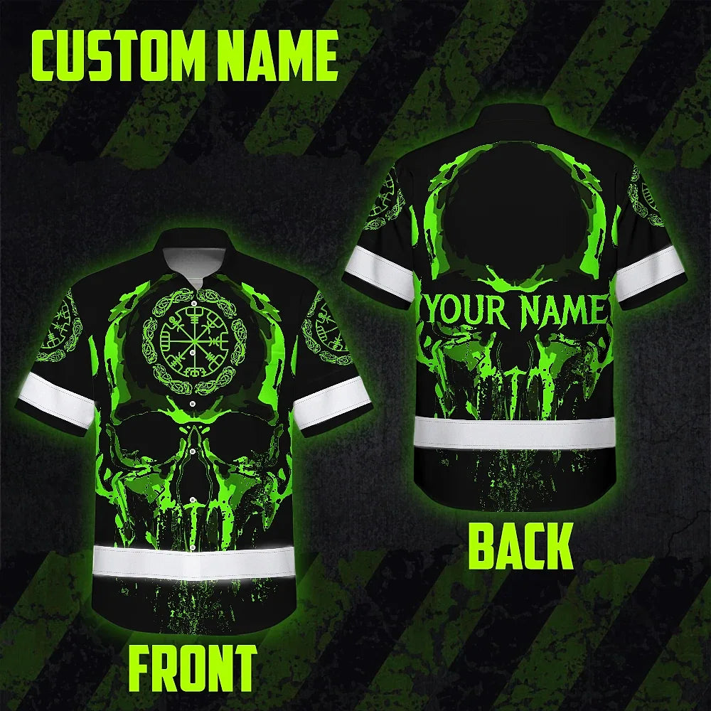 Hi Vis Hawaiian Shirt Reflective Skull Viking Symbol Green Neon Custom Name For Workers, Runners, Truckers, Skull Lovers