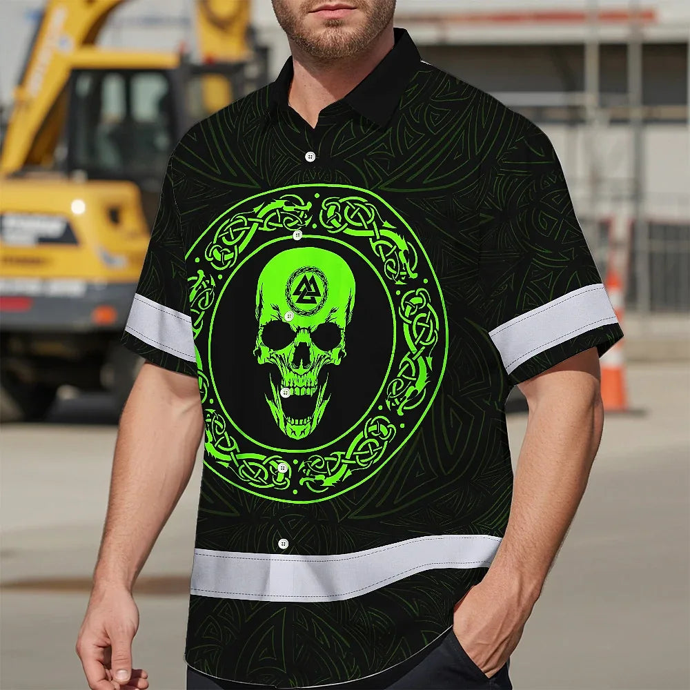 Hi Vis Hawaiian Shirt Reflective Skull Viking Symbol Green Neon Custom Name Safety