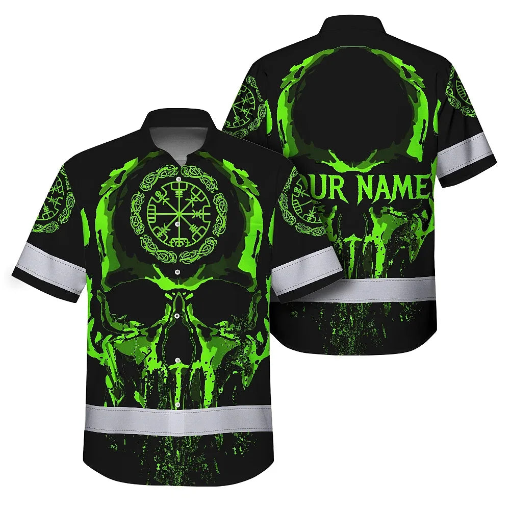 Hi Vis Hawaiian Shirt Reflective Skull Viking Symbol Green Neon Custom Name For Workers, Runners, Truckers, Skull Lovers