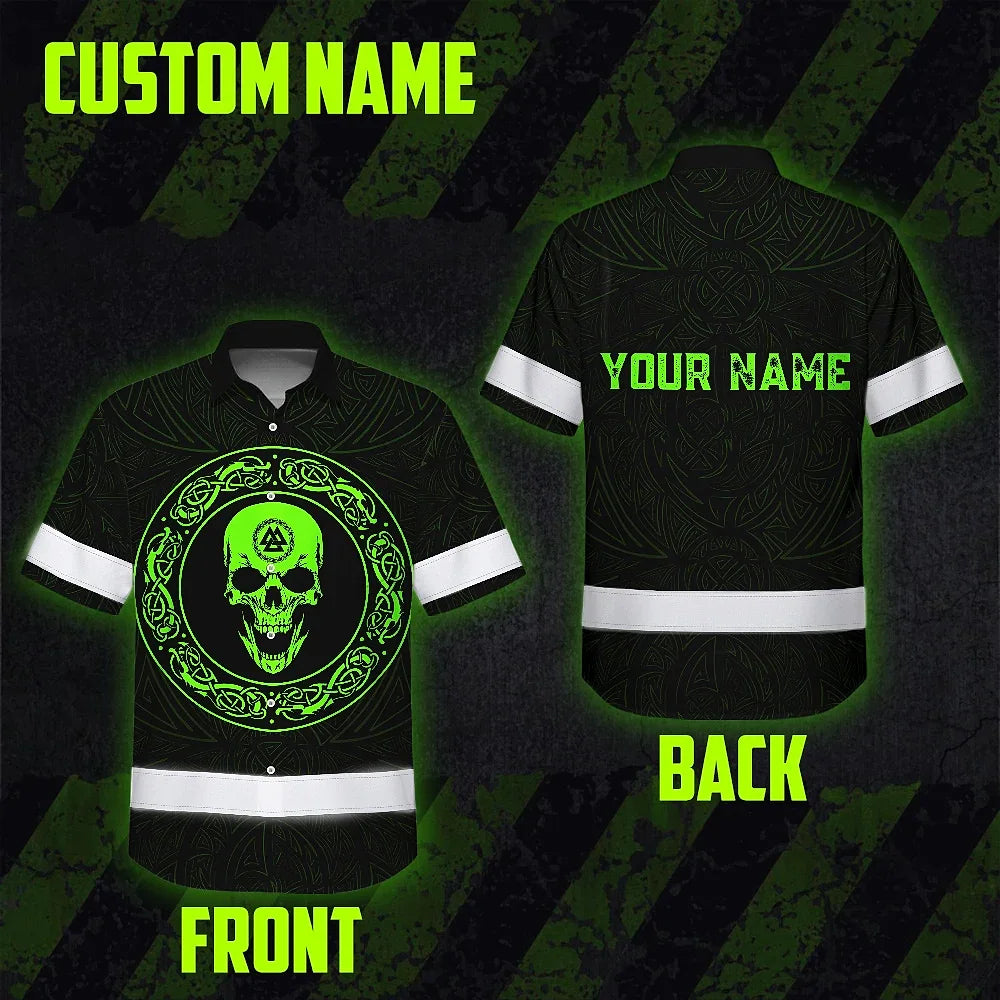 Hi Vis Hawaiian Shirt Reflective Skull Viking Symbol Green Neon Custom Name Safety