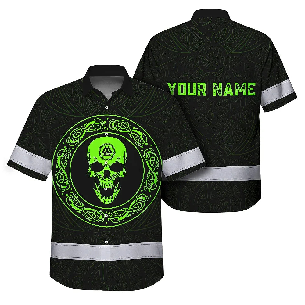 Hi Vis Hawaiian Shirt Reflective Skull Viking Symbol Green Neon Custom Name Safety
