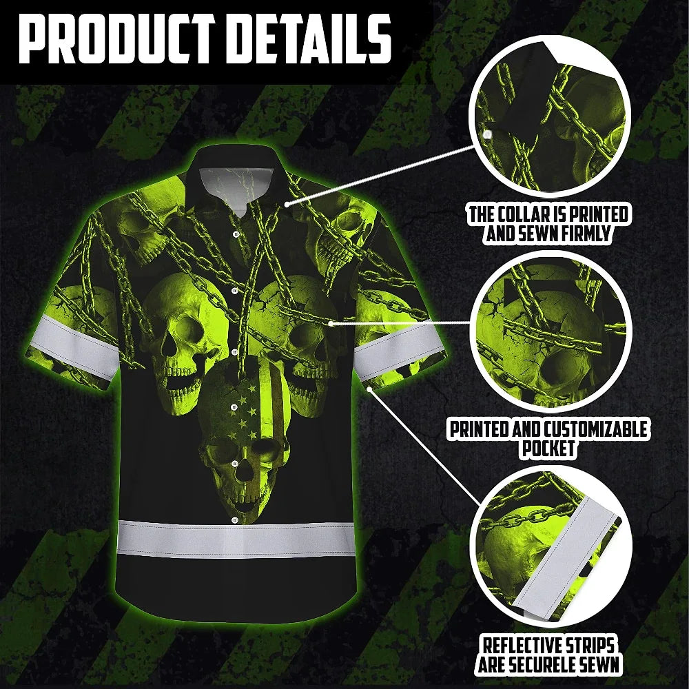 Hi Vis Hawaiian Shirt Reflective Skull With Chain Custom Name Safety Workwear