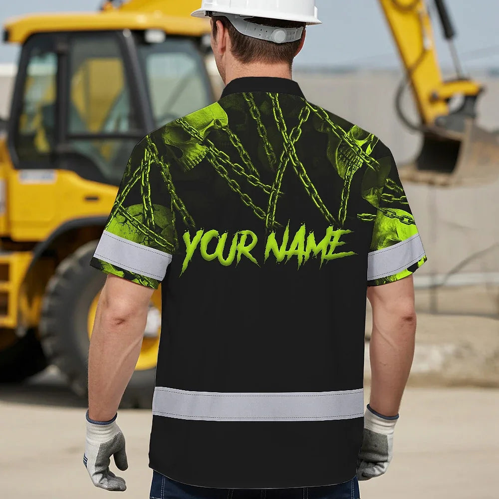 Hi Vis Hawaiian Shirt Reflective Skull With Chain Custom Name Safety Workwear