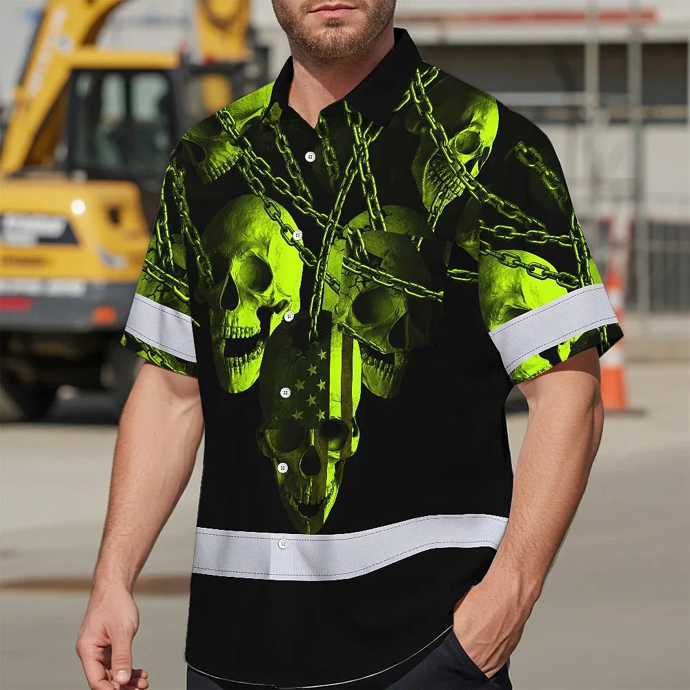 Hi Vis Hawaiian Shirt Reflective Skull With Chain Custom Name Safety Workwear