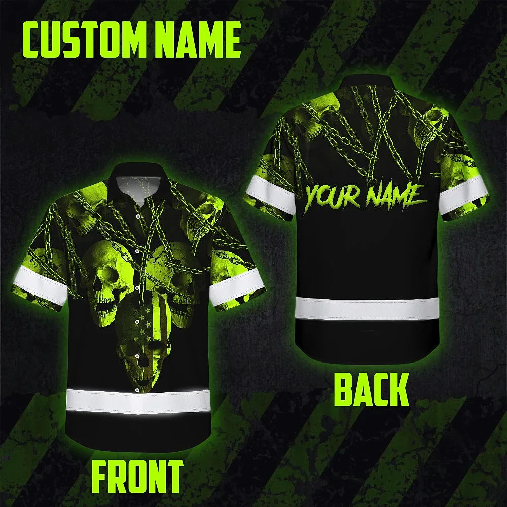 Hi Vis Hawaiian Shirt Reflective Skull With Chain Custom Name Safety Workwear