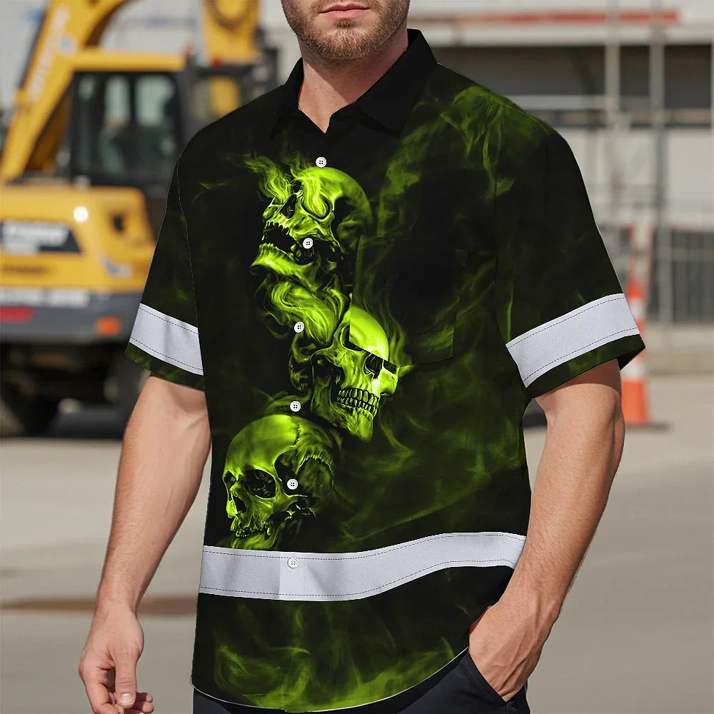 Hi Vis Hawaiian Shirt Reflective Skull With Smoke Custom Name Safety Workwear
