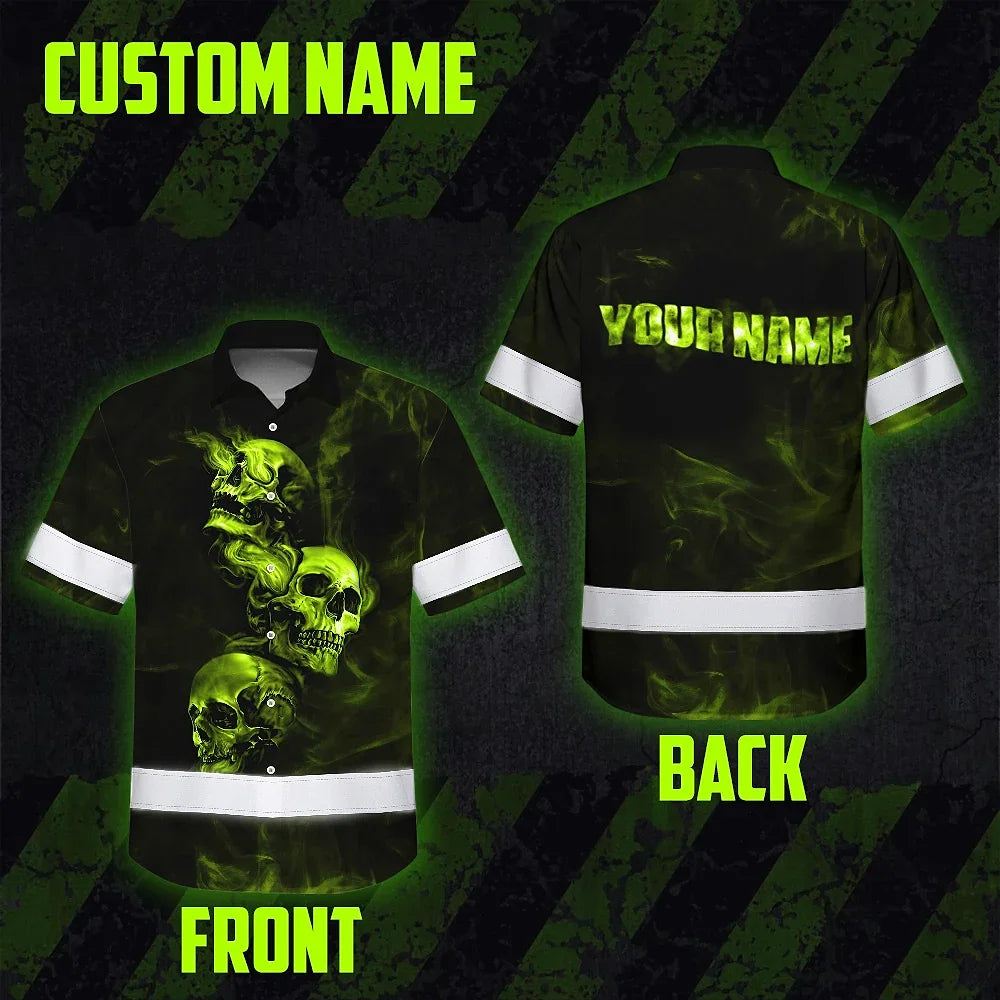 Hi Vis Hawaiian Shirt Reflective Skull With Smoke Custom Name Safety Workwear