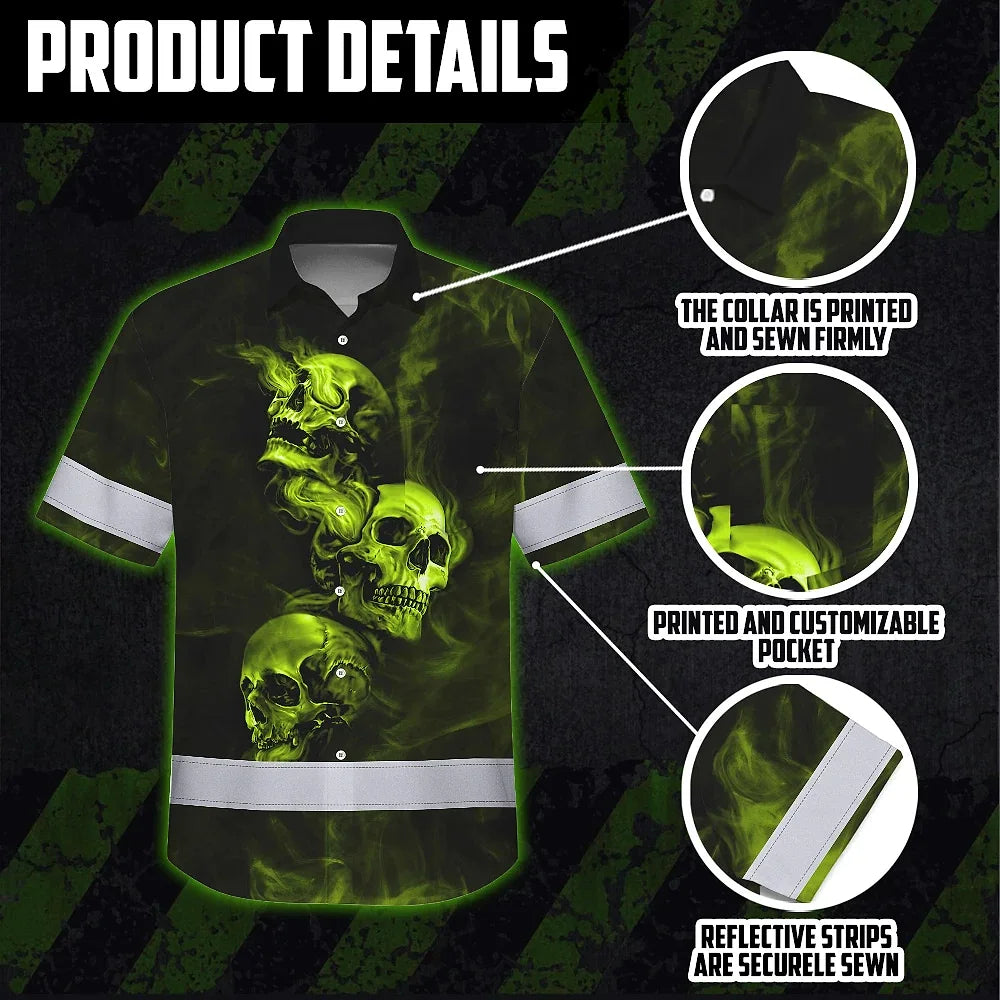 Hi Vis Hawaiian Shirt Reflective Skull With Smoke Custom Name Safety Workwear
