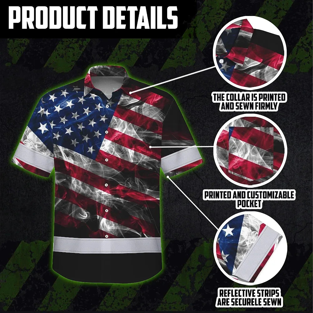 Hi Vis Hawaiian Shirt Reflective Smoke USA Flag Red Blue Safety Workwear For Workers, Truckers, Operators