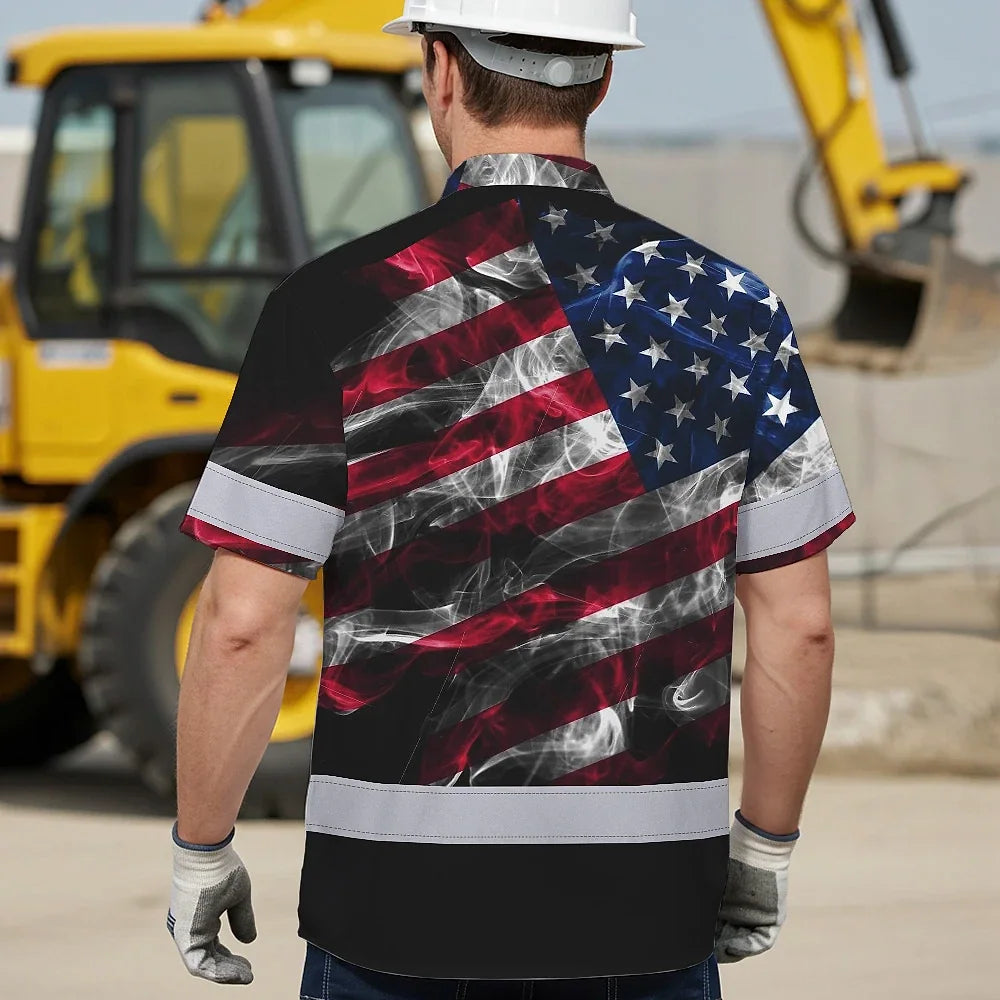 Hi Vis Hawaiian Shirt Reflective Smoke USA Flag Red Blue Safety Workwear For Workers, Truckers, Operators